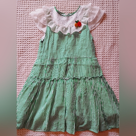 French cat Other - Green Striped Kids Casual Dress with Ruffle Sleeves